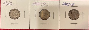 Three Different Mercury Dimes - 1942 P, D, & S