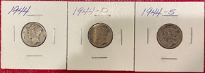 Three Different Mercury Dimes - 1944 P, D, & S