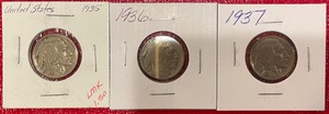 Three Different Buffalo Nickels - 1935, 1936, & 1937