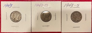 Three Different Mercury Dimes - 1943 P, D, & S