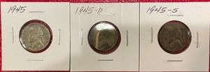 Three Different Silver War Nickels - 1945 P, D, & S