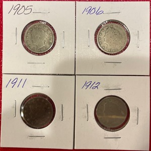 Four Different Liberty Head Nickels - 1905, 1906, 1911, & 1912