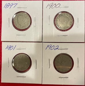 Four Different Liberty Head Nickels - 1897, 1900, 1901, & 1902