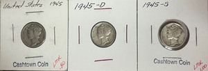Three Different Mercury Dimes - 1945 P, D, & S