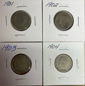 Four Different Liberty Head Nickels - 1901, 02, 03, & 04