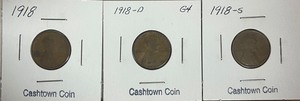 Three Lincoln Wheat Pennies - 1918 P, D, & S