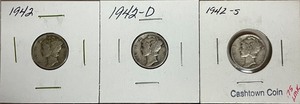 Three Different Mercury Dimes - 1942 P, D, & S