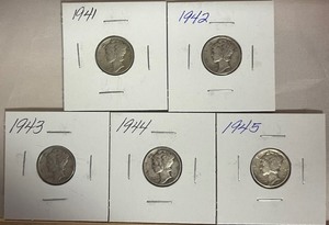 Five Different Mercury Dimes - 1941 thru 1945