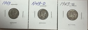 Three Different Mercury Dimes - 1943 P, D, & S