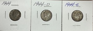 Three Different Mercury Dimes - 1944 P, D, & S