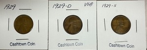 Three Different Lincoln Wheat Cents - 1929 - P, D, & S