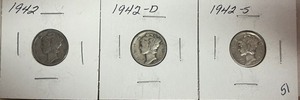 Three Different Mercury Dimes - 1942 P, D, & S