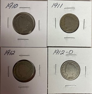 Four Liberty Head Nickels - 1910, 11, 12, & 12-D