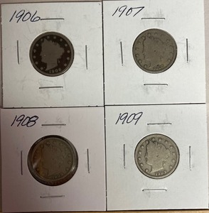 Four Liberty Head Nickels - 1906, 07, 08, & 09