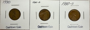 Three Different Lincoln Wheat Pennies - 1930 P, D, & S