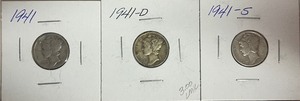 Three Different Mercury Dimes - 1941 P, D, & S