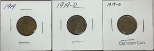 Three Different Lincoln Wheat Cents  - 1919 P, D, & S