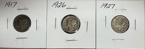 Three Different Mercury Dimes - 1917, 1926, & 1927