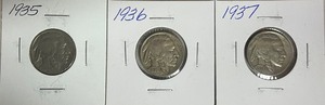 Three Different Buffalo Nickels - 1935, 1936, & 1937