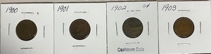 Four Different Indian Head Pennies - 1900, 01, 02, & 03