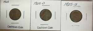 Three Different Lincoln Wheat Pennies - 1925 P, D, & S