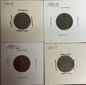 Four Different Indian Head Pennies - 1904, 05, 06, & 07