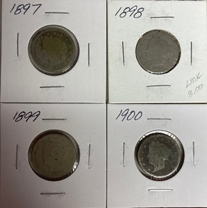 Four Liberty Head Nickels - 1897, 98, 99, & 1900