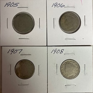 Four Liberty Head Nickels - 1905, 06, 07, & 08