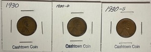 Three Different Lincoln Wheat Pennies - 1930 P, D, & S