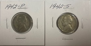 Two Silver War Nickels - 1942 P & S