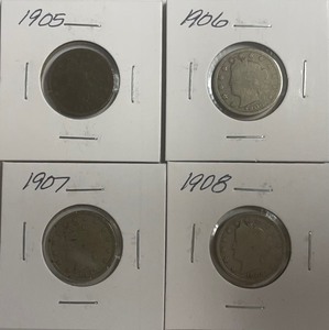 Four Different Liberty Head Nickels - 1905, 1906, 1907, & 1908