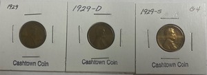 Three Different Lincoln Wheat Cents - 1929, 1929-D, & 1929-S