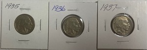 Three Different Buffalo Nickels - 1935, 1936, & 1937