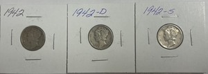 Three Different Mercury Dimes - 1942 P, D, & S