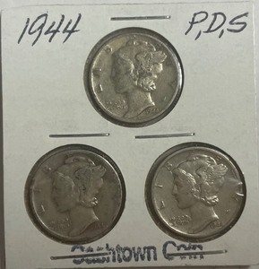 Three Different Mercury Dimes - 1944 P, D, & S