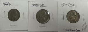 Three Silver War Nickels - 1945 P, D, & S
