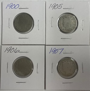 Four Different Liberty Head Nickels - 1900, 1905, 1906, & 1907