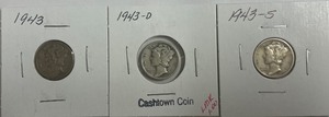 Three Different Mercury Dimes - 1943 P, D, & S
