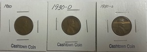 Three Different Lincoln Wheat Cents - 1930, 1930-D, & 1930-S