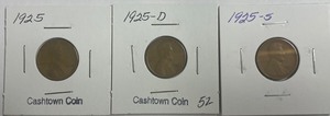 Three Different Lincoln Wheat Cents - 1925, 1925-D, & 1925-S