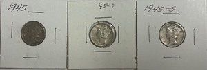 Three Different Mercury Dimes - 1945 P, D, & S