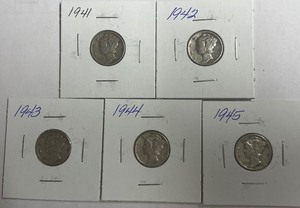 Five Different Mercury Dimes - 1941, 1942, 1943, 1944, & 1945