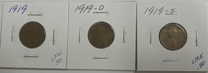 Three Different Lincoln Wheat Cents - 1919, 1919-D, & 1919-S