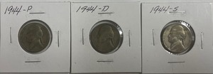 Three Silver War Nickels - 1944 P, D, & S