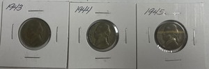 Three Different Silver War Nickels - 1943, 1944, & 1945