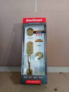 Montara Polished Brass Single Cylinder Door Handleset with Juno Entry Door Knob Featuring SmartKey Security by Kwikset- open box not used