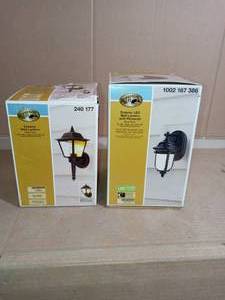LED Exterior Wall Lantern Sconce with Dusk to Dawn Control & 1-Light Black Outdoor Wall Lantern Sconce by Hampton Bay - open box not used