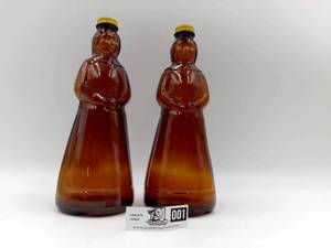 2 Vintage 1960s Mrs. Butterworths Amber Glass Bottles With Caps