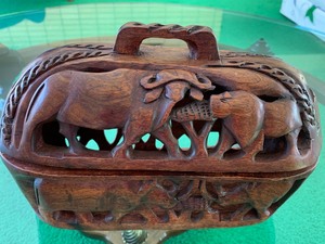 lot 144 image: Hand Carved Animal Themed Wood Covered Container