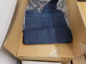 lot 2 image: Box of 100 navy blue totes 14xX7X12...
